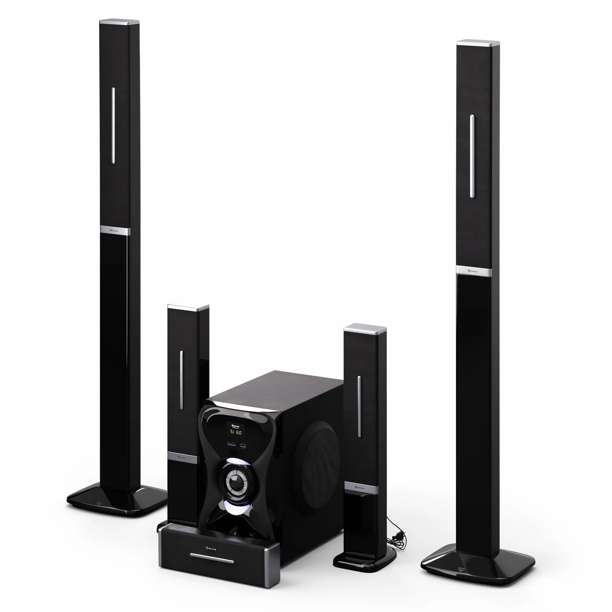 auna Areal 825 5.1 Soundsystem Kabellos mit Bluetooth, 100-W-Subwoofer und RGB-Beleuchtung - USB-/SD-Anschlüsse, AUX und Optischer Eingang, Heimkino-Lautsprecher mit Fernbedienung