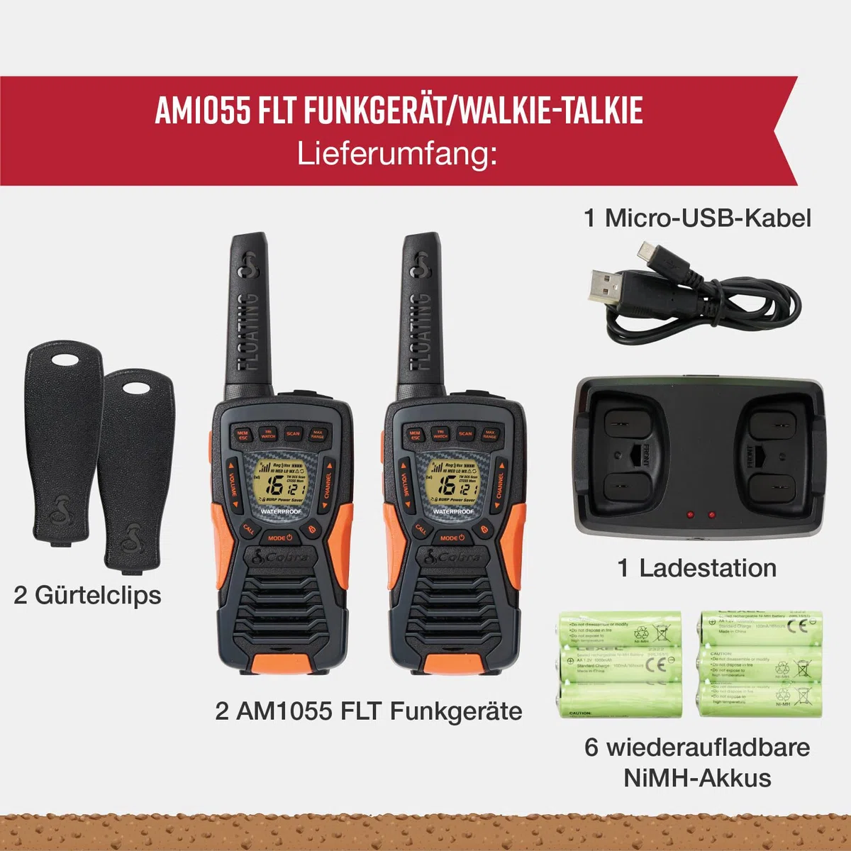 Cobra AM1055 Schwimmfähige und wasserdichte Walkie-Talkies (2er-Pack) – 12 km Reichweite, 16 Kanäle und 121 Codes zur Privatsphäre, VibrAlert, Wiederaufladbare Zwei-Wege-Funkgeräte, Schwarz