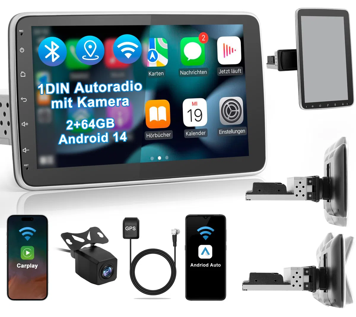 Autoradio mit Bildschirm Single DIN Auto Radio mit Navi Bluetooth Wireless CarPlay Android Auto DAB Plus Rückfahrkamera, 1DIN mit 10.1 Zoll drehbar Touchscreen Monitor, 2+64G Android 14