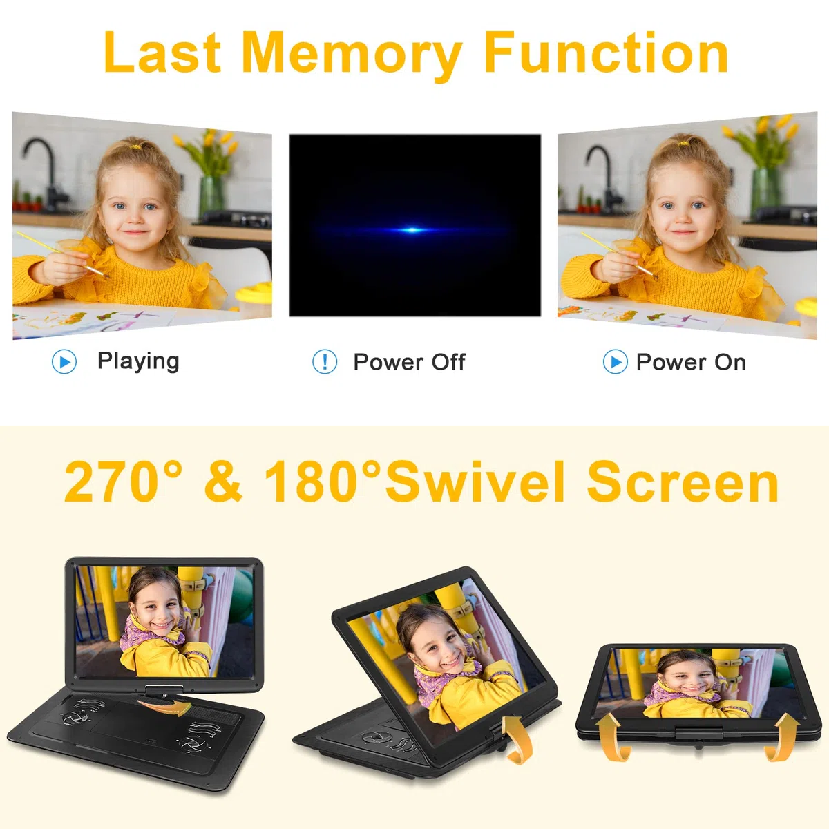 Tragbarer DVD-Player mit 43,4 cm (19,7 Zoll) großem HD-Bildschirm, 5 Stunden Akku, DVD-Player, tragbar mit Kfz-Ladegerät, tragbarer Kinder-DVD-Player, unterstützt alle Regionen-Discs, USB- und