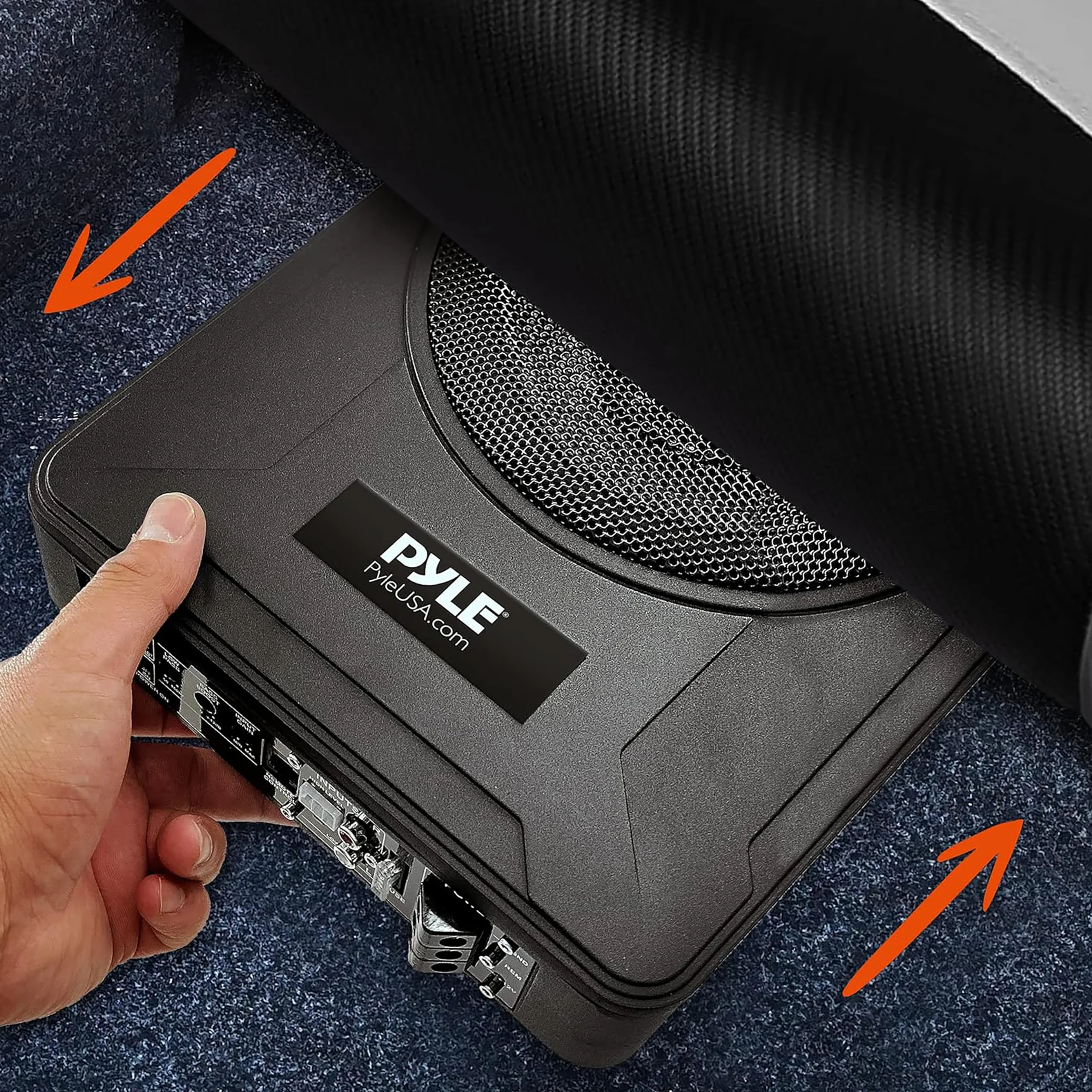 Pyle 600W Untersitz Subwoofer Aktiv – 8" Flacher Auto Lautsprecher mit Verstärker – Car & Marine Speakers mit Variabler Bassboost inkl. Montagematerial & Fernbedienung – Schlankes Design in Schwarz