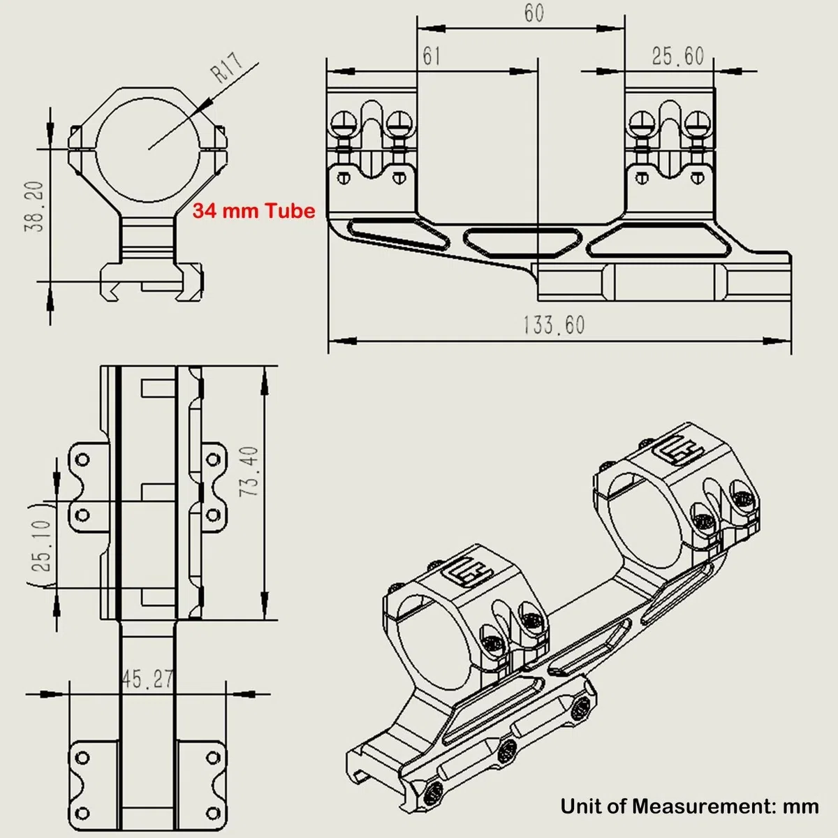 WestHunter Optics Präzisions-Cantilever-Picatinny-Montage für Zielfernrohre, 30mm/34mm Rohrdurchmesser, Versetzte Doppelte Ringe, Leichter Einteiliger Zielfernrohr Montage - Libelle | Basismodell