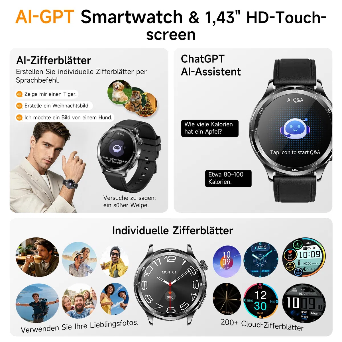 Smartwatch Herren Damen, 1.43" Smart Watch Rund mit Telefonfunktion | 1.43" Gesundheitsuhr mit 24H Pulsuhr SpO2 Harnsäure, SOS-Notruf, 150+ Sportmodi Fitnessuhr für iOS/Android, Schwarzes Leder