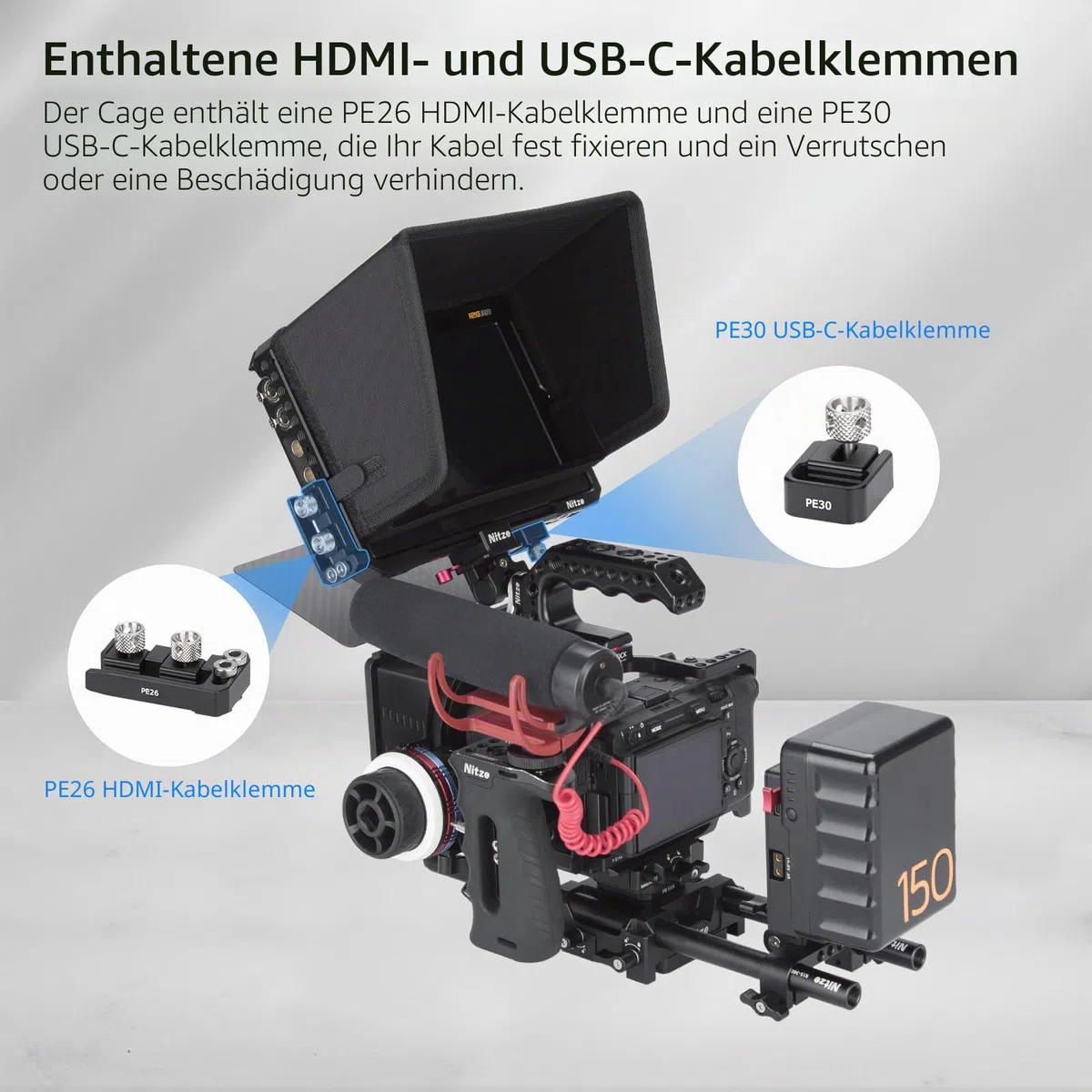 Nitze Cage für Blackmagic Design Video Assist 7" 12G-SDI/HDMI HDR Aufnahmemonitor mit Sonnenblende, HDMI Kabelklemme und USB-C Kabelklemme – JT-B02B