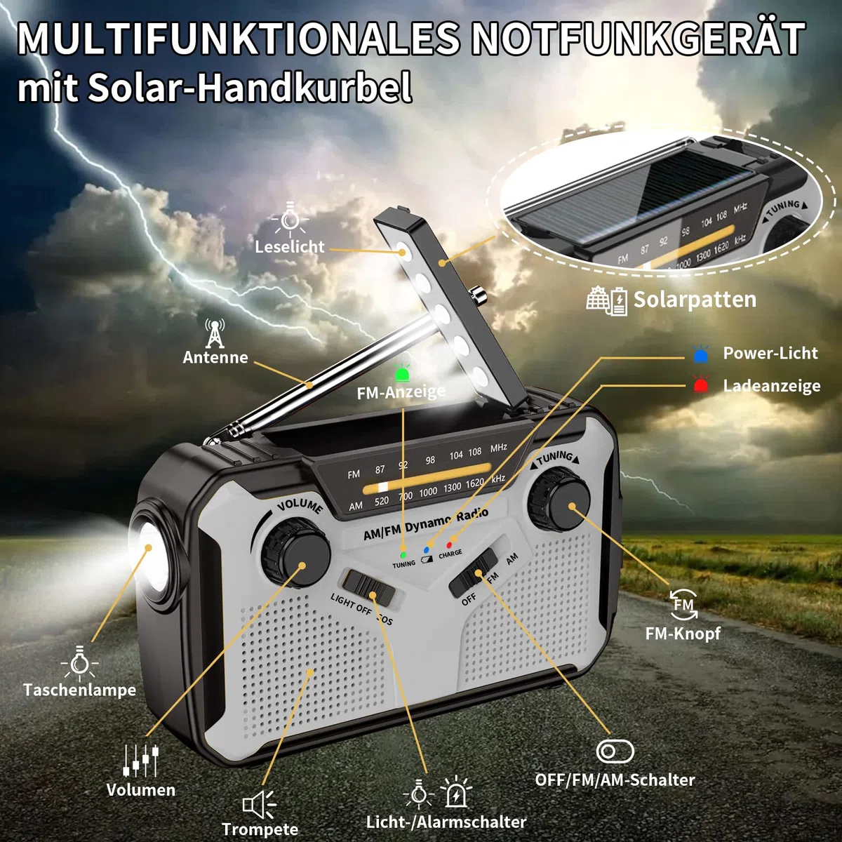 Solar Radio, AM/FM Tragbar Kurbelradio Dynamo Notfallradio mit 4000mAh Wiederaufladbare Batterie, Led Taschenlampe, SOS-Alarm für Camping, Ourdoor, Notfall (Grey)