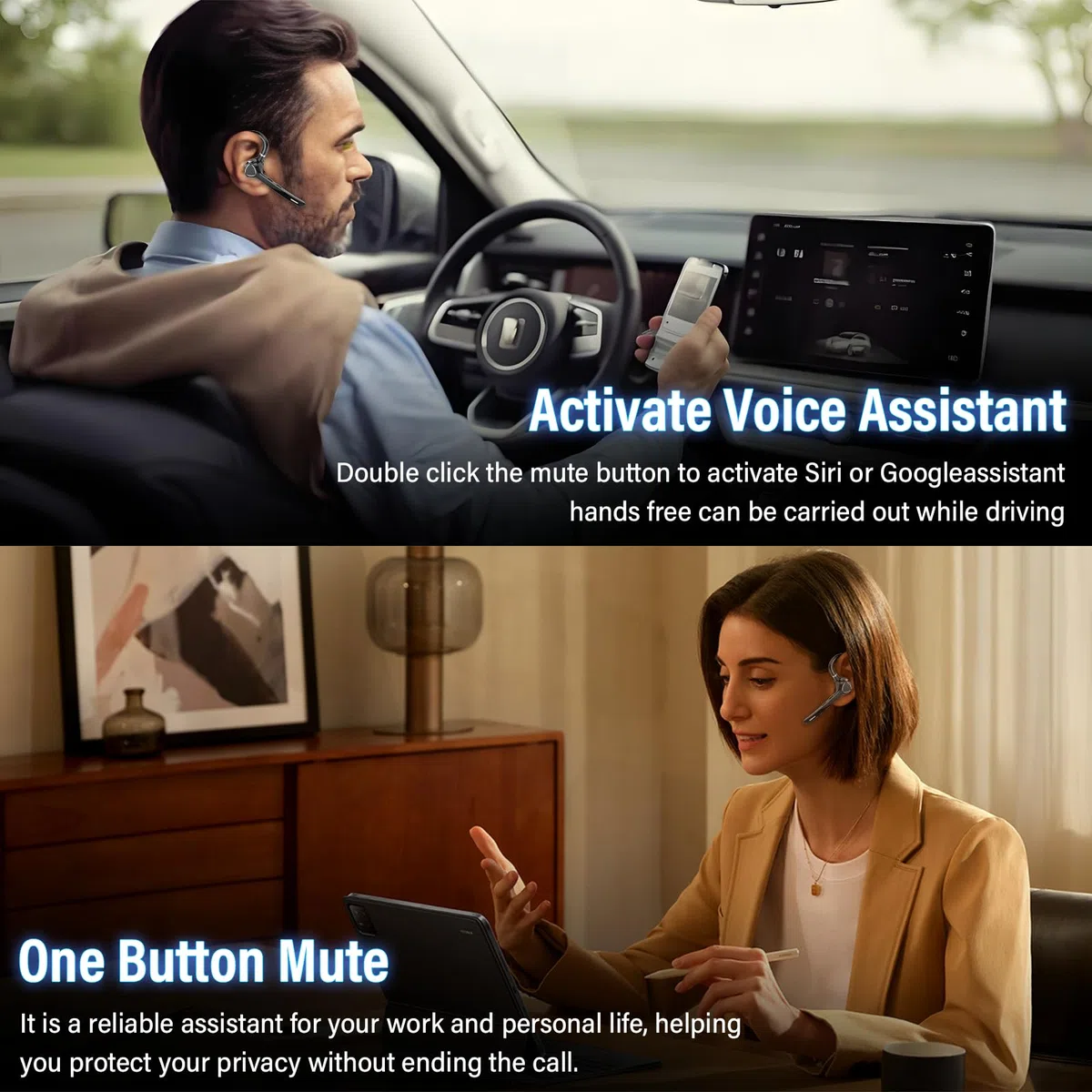 Bluetooth Headset, V5.4 Wireless Freisprech Telefon mit CVC 8.0 und ENC Dual Mikrofon, Bluetooth Ohrhörer mit 90h Spielzeit Mic Mute Zwei-Geräte-Verbindung für Büro Business Autofahren, Schwarz