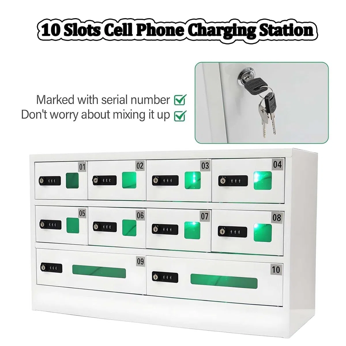 Handy-Schließfach Mit 10 Steckplätzen, USB-Ladestation, 3-in-1-Ladekabel, Zahlenschloss Und Qc3.0-Schnellladefunktion Für Büro Und Klassenzimmer