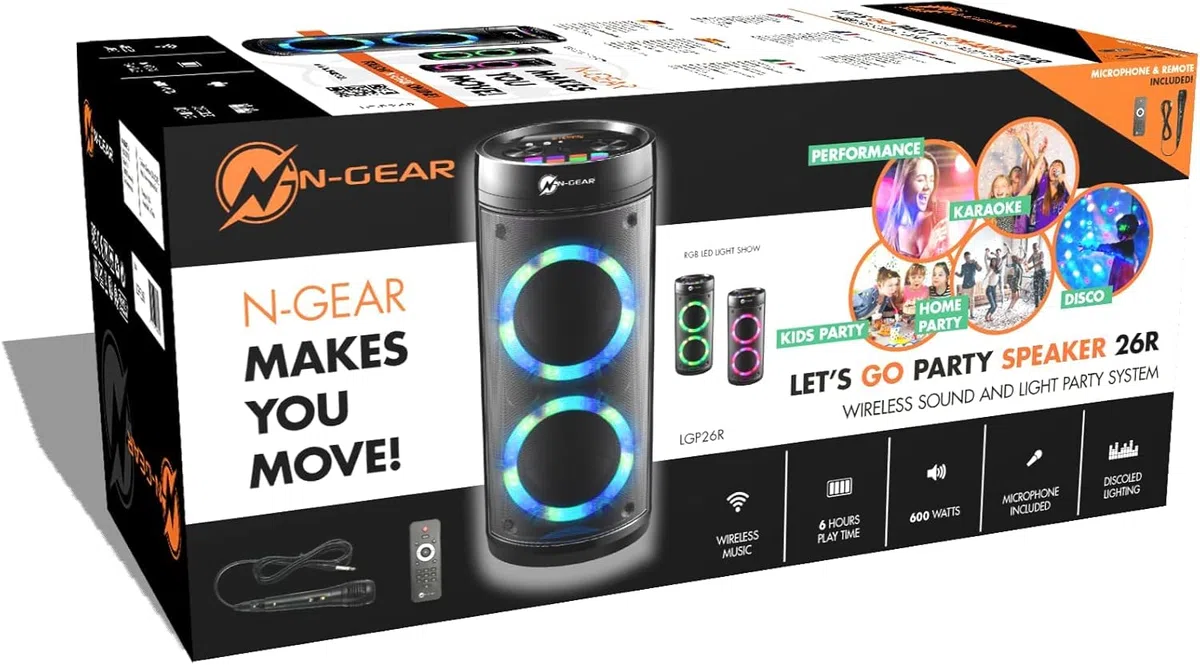 N-GEAR LPG26R Let's Go Party Bluetooth-Lautsprecher mit Karaoke-Mikrofon, LED Disco, Power Bank, Leistung 600 W (40 W RMS), Black