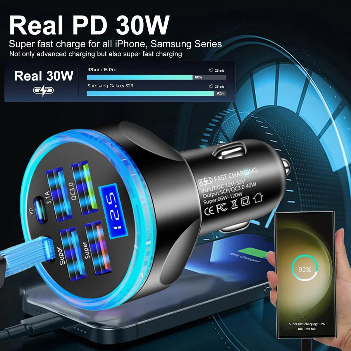 Multi Port USB C Auto Ladegerät Adapter mit Spannungsanzeige PD 30W 6 Ports Super Schnellladung Zigarettenanzünder Adapter mit Volt Meter 2 USB-C für MacBook iPhone 16/15/14/13/12 Galaxy Android