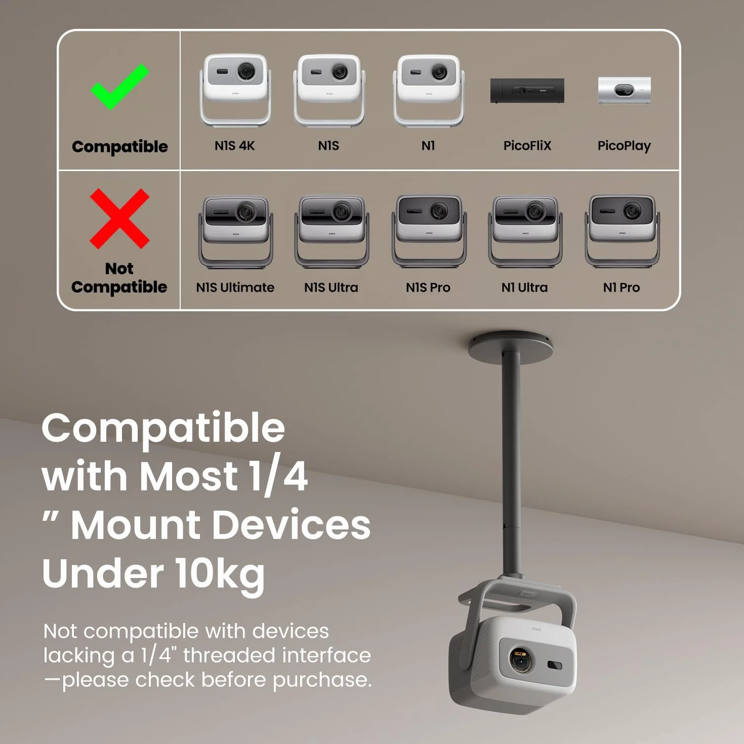 JmGO Deckenhalterung für N1S 4K / PicoPlay / N1S 1080P / PicoFlix / N1, Aluminium in Luftfahrtqualität, individuelles Design, einfache Montage, Zwei Höhenoptionen (100/300 mm), 10kg Tragkraft
