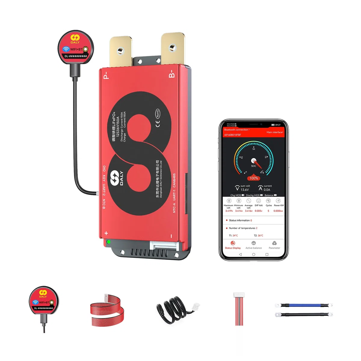 DALY Smart 12S BMS 36V mit WiFi Modul und CAN 485 Kommunikationsschutzplatine für LifePO4 Lithium Akkupack (12S 36V Smart BMS+RS485+CAN+WiFi Modul，150A)