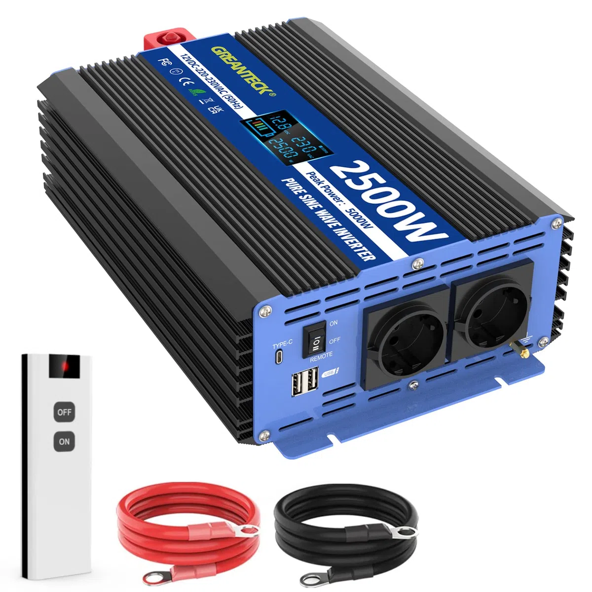 Wechselrichter 12v auf 230v Reiner Sinus Wechselrichter 2500w mit Fernbedienung, 2 EU-Steckdosen, USB-Anschlüsse, Typ-C-Anschluss, LCD-Anzeige für Auto, Wohnwagen, Boot, Camping