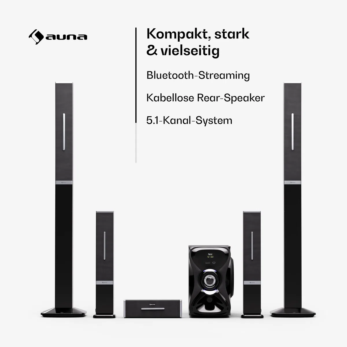 auna Areal 825 5.1 Soundsystem Kabellos mit Bluetooth, 100-W-Subwoofer und RGB-Beleuchtung - USB-/SD-Anschlüsse, AUX und Optischer Eingang, Heimkino-Lautsprecher mit Fernbedienung