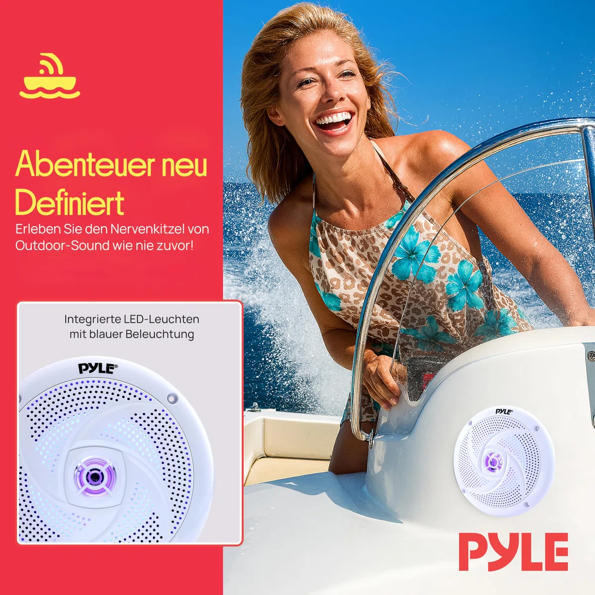 Pyle Slim Outdoor Lautsprecher Box – wasserdichte Box Outdoor Speaker – Outdoor Musikanlage mit LED-Lichtern Schmal 2-Wege Lautsprecher Passiv 240W als Boot & Auto & Lautsprecher, Aufbaulautsprecher