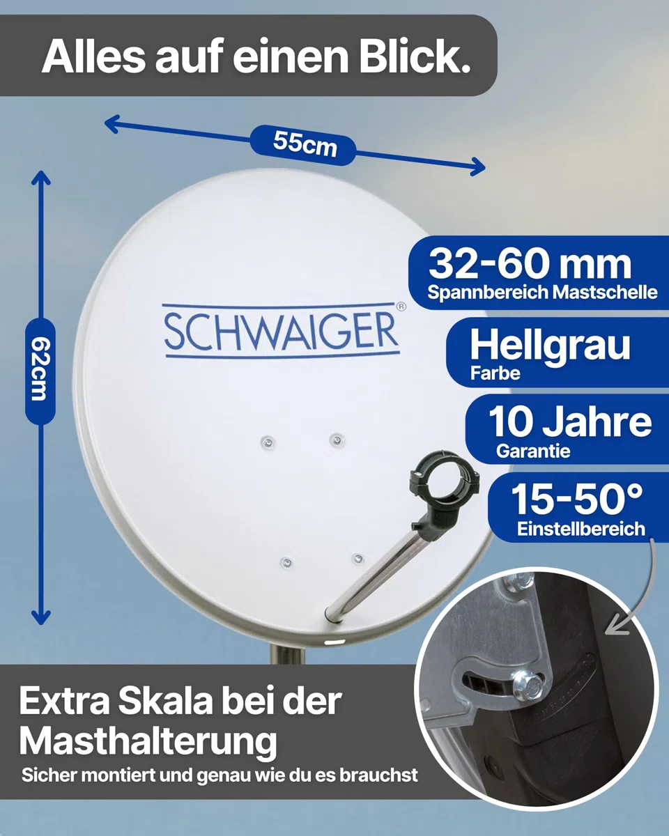 SCHWAIGER Satellitenschüssel Komplettset I Ø 60 cm Stahl Offset Antenne in Hellgrau I Inkl. Single LNB 1-Fach & HD SAT-Receiver mit Fernbedienung I Digital HD Empfang I Integrierte Kabelführung