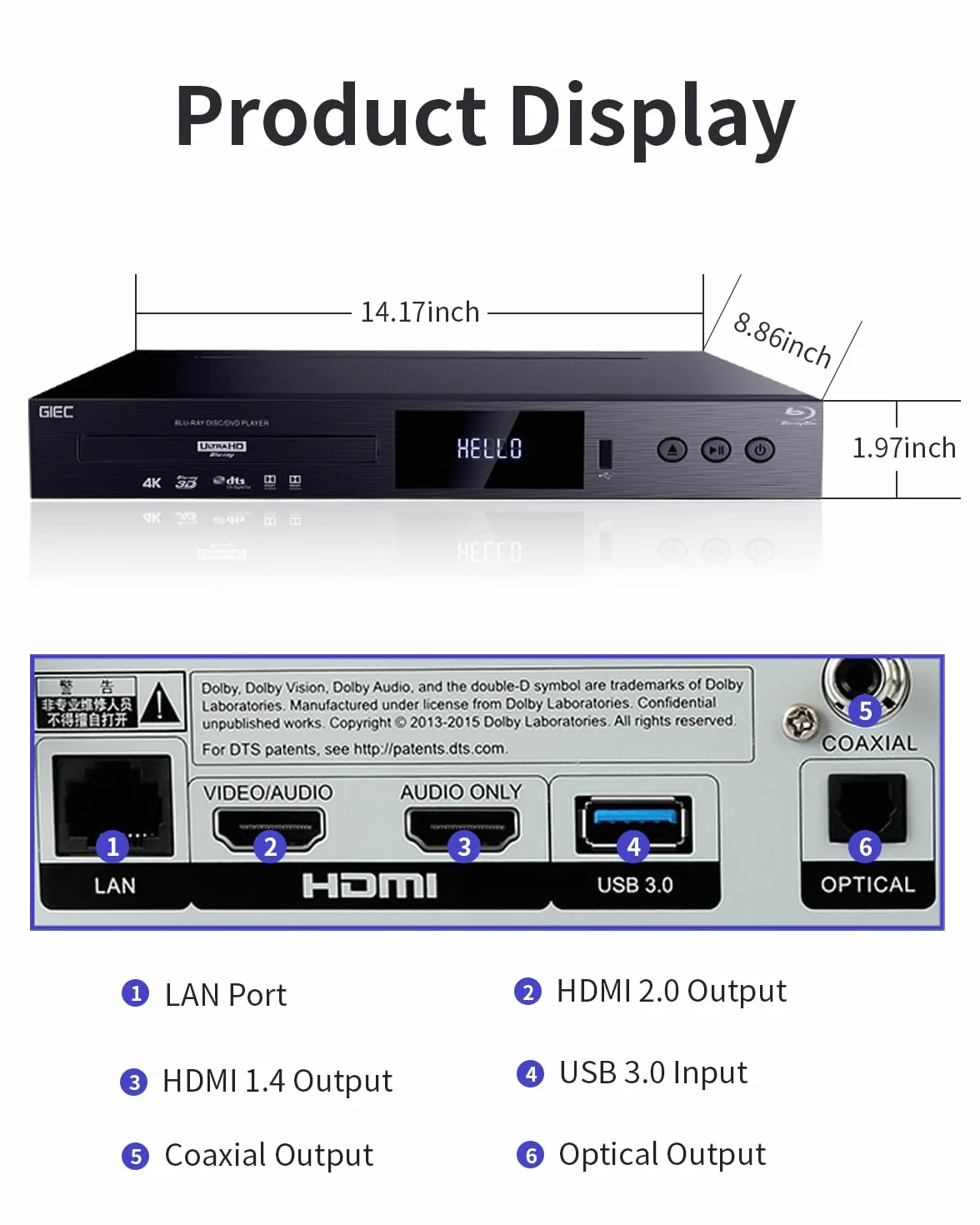 G5300 4K Ultra HD Blu Ray Player für alle Regionen Discs 3D Blu Ray DVD Player für TV / Projektor 4K HDR 10 Dual HDMI Ausgänge / Koaxial / Optisch / USB 3.0