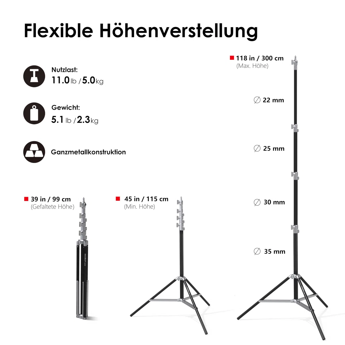 RAUBAY 3 m Robustes Lampenstativ, Luftfederung, Silber, LT30-RS | Aluminium-Fotostativ mit 1/4- und 3/8-Zoll-Anschlüssen für Softboxen, Studioleuchten, Video und Fotografie