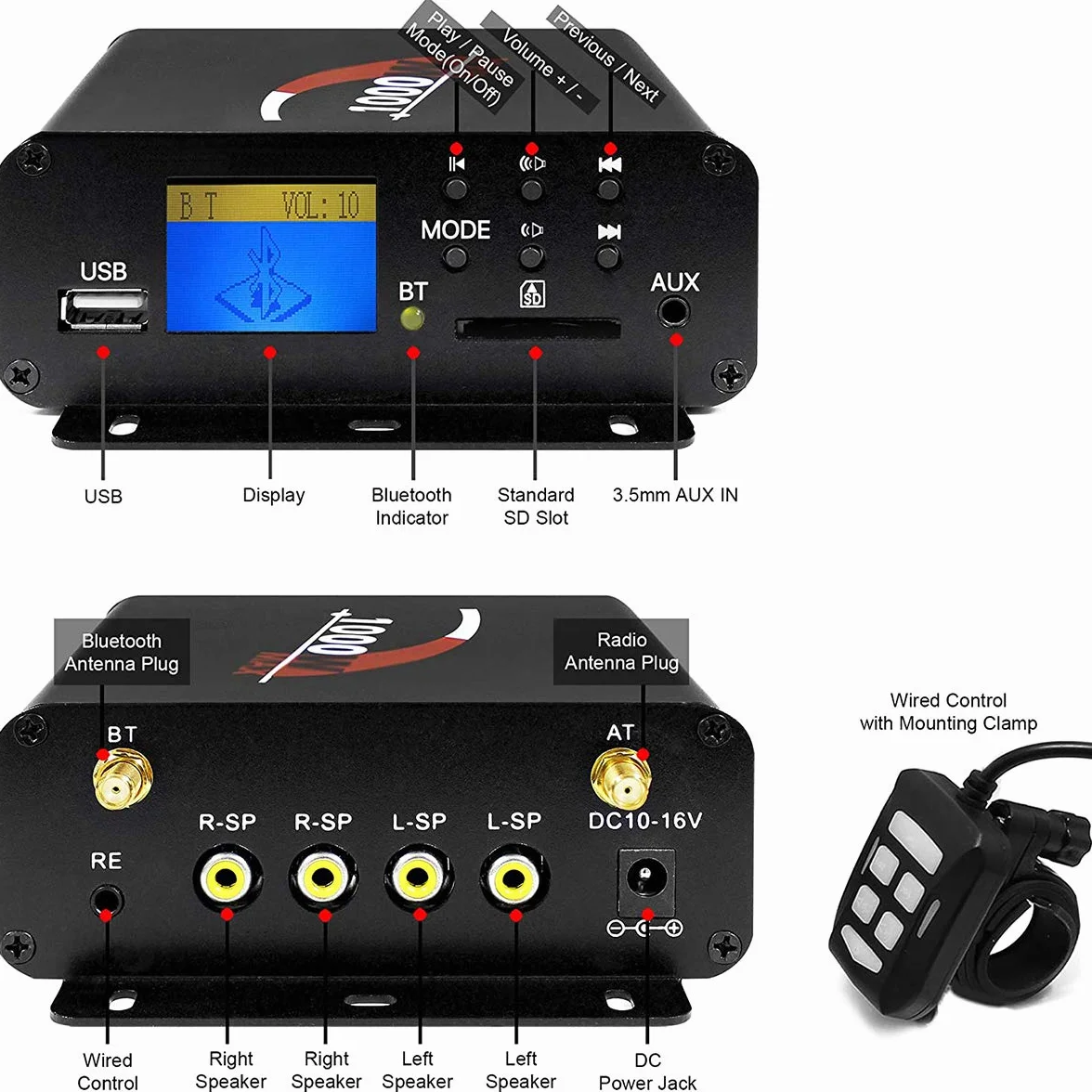 1000W 4 Kanal Motorrad Verstärker 4 "Full Range Wasserdicht Bluetooth Motorrad Stereo Lautsprecher Audio System mit AUX USB SD FM Radio für 1-1.5" Lenker Harley Cruiser ATV UTV (Chrom, net)