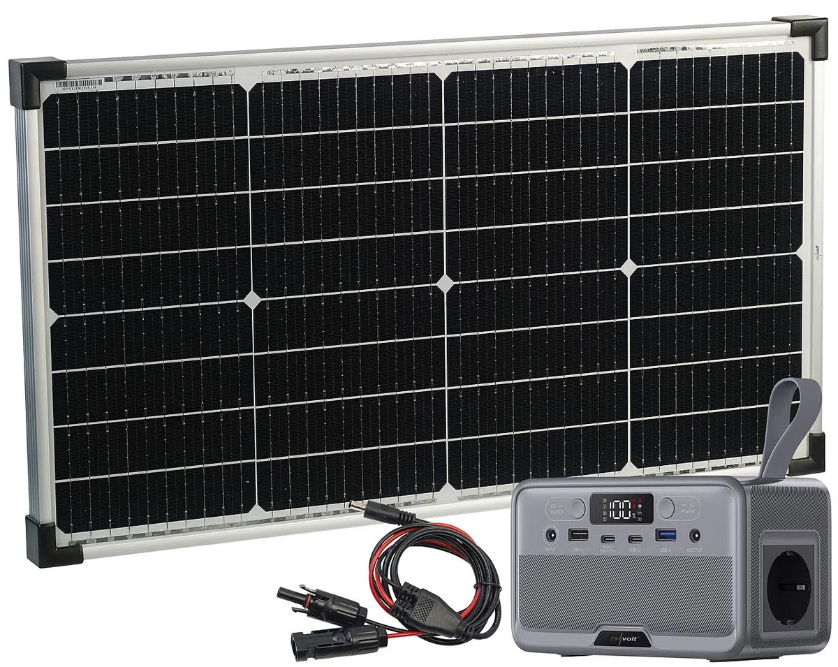 revolt Camping Solar: Fensterbank-Solarkraftwerk: Powerstation + 60-W-Modul, 89,6 Wh, 100 W (Solar mit Speicher, Powerstation mit Solarmodul, Handy)