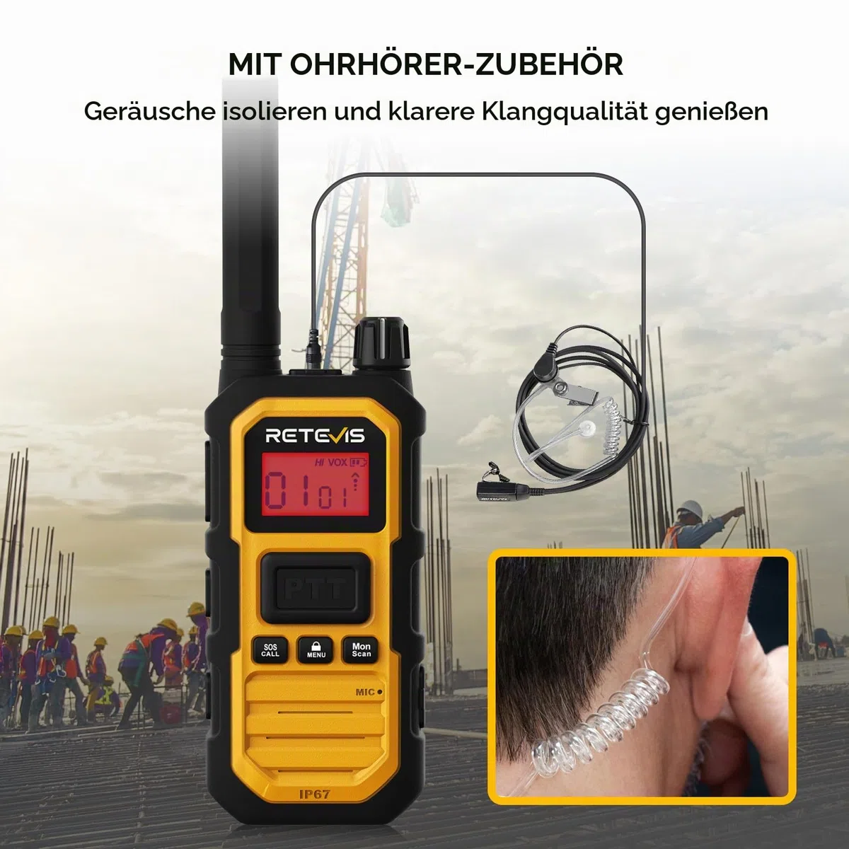 Retevis RB648Plus Walkie Talkie mit Ohrhörern, IP67 wasserdichte Funkgerät | Erweiterte Reichweite, 2000 mAh, Dual-PTT, VOX, Handfunkgeräte für Raue Industrieumgebungen (4 Stück, Gelb)