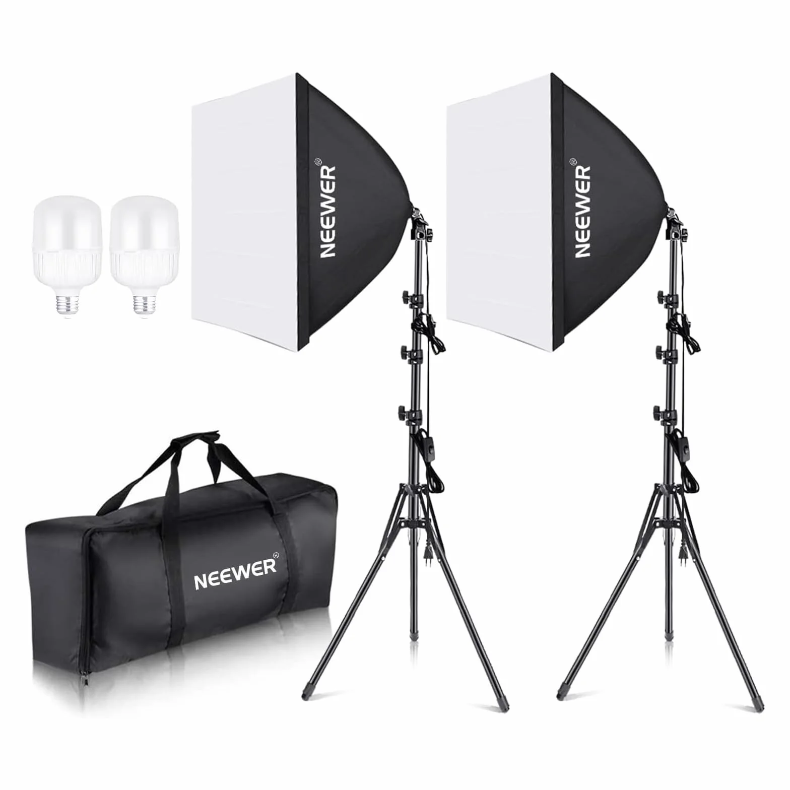 NEEWER Softbox Beleuchtungsset, äquivalent zu 700W, 2er Pack 5700K LEDGlühbirnen, 24 x 24Zoll Softboxen mit E27 Fassung, Fotografie Dauerlichtset, Fotostudio Ausrüstung