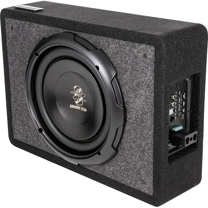 Ground Zero GZCS 25SUB-ACT Aktiv-Gehäusesubwoofer, 25 cm, 320/430 Watt, 50-150 Hz, 9-16 Volt, Downfire, Holz