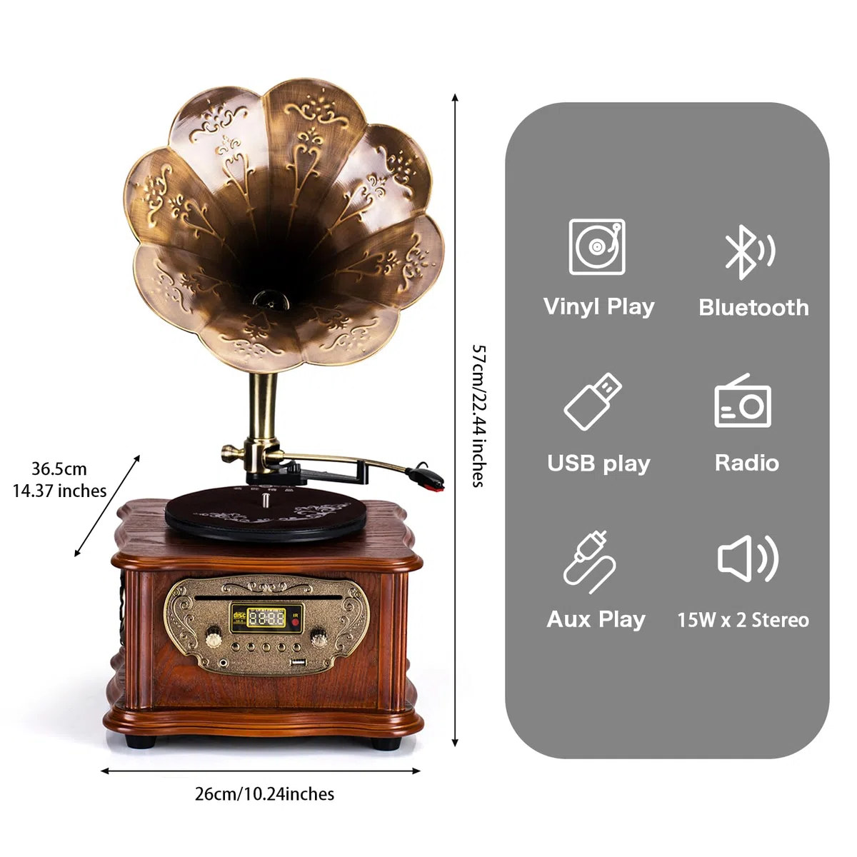 Holz Retro Plattenspieler mit Bluetooth, Grammophon und CD-Wiedergabe, Radio & Fernbedienung