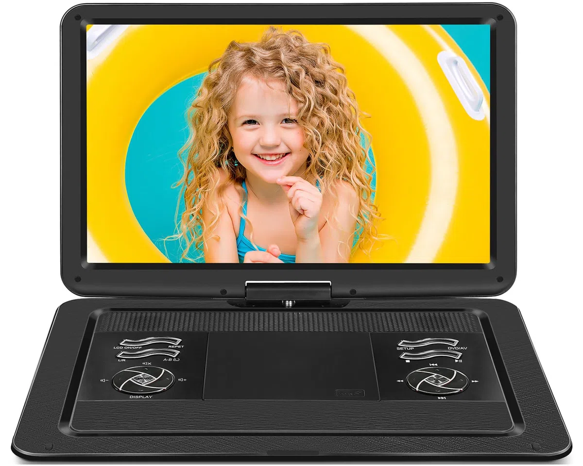 Tragbarer DVD-Player mit 43,4 cm (19,7 Zoll) großem HD-Bildschirm, 5 Stunden Akku, DVD-Player, tragbar mit Kfz-Ladegerät, tragbarer Kinder-DVD-Player, unterstützt alle Regionen-Discs, USB- und