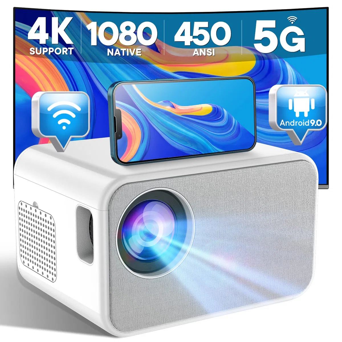 Proyector 1080P Nativo, 450 ANSI Lumens 4K Compatible Con Mini proyector, Android 9.0,corrección trapezoidal 4P/4D, 5G WiFi Wireless Screencast para iPhone