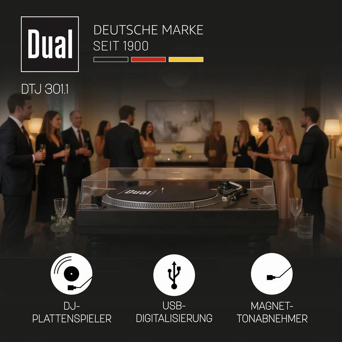 Dual DTJ 301.1 USB DJ-Plattenspieler (33/45 U/min, Pitch-Control, Magnet-Tonabnehmer-System, Nadelbeleuchtung, USB Kabel) schwarz