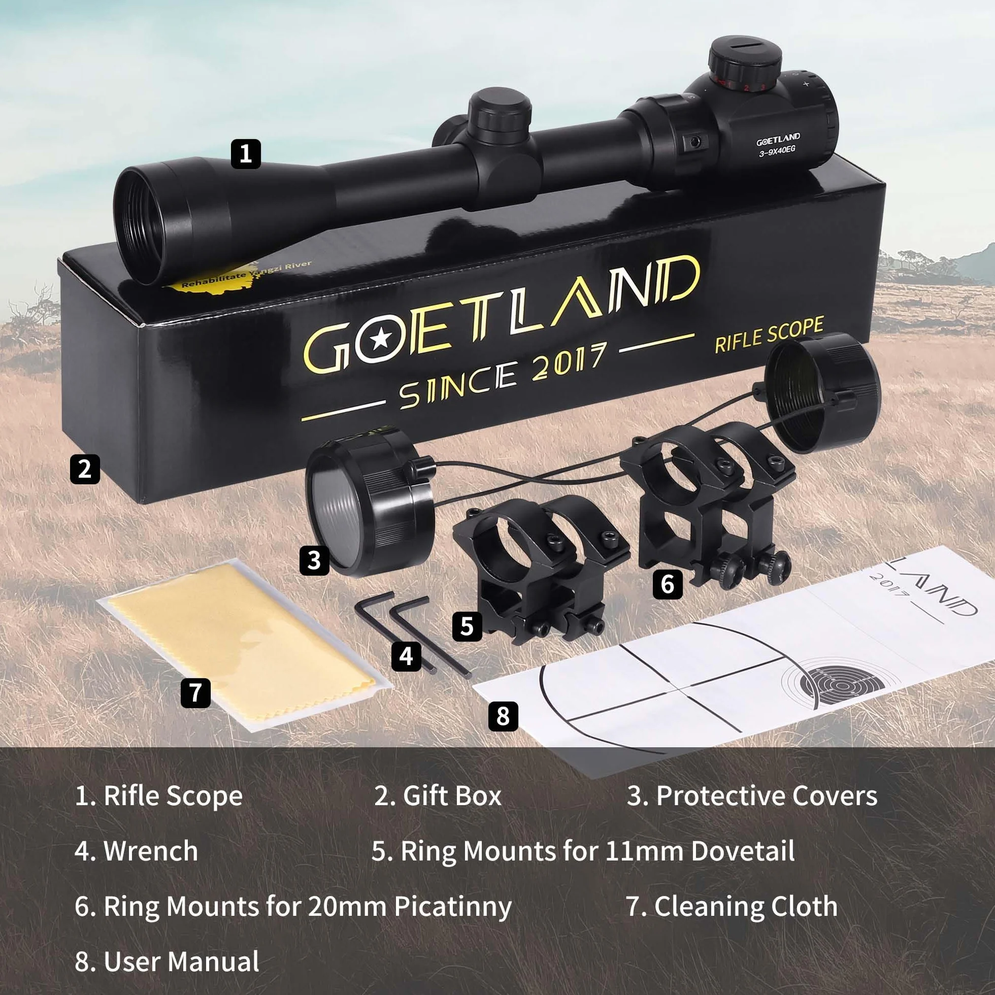 Goetland Gewehr Zielfernrohr 3-9x40 EG Airsoft Rot Grün Fadenkreuz mit Montage Ringe SFP für Taktische Jagd Armbrust Luftgewehr Sportschützen