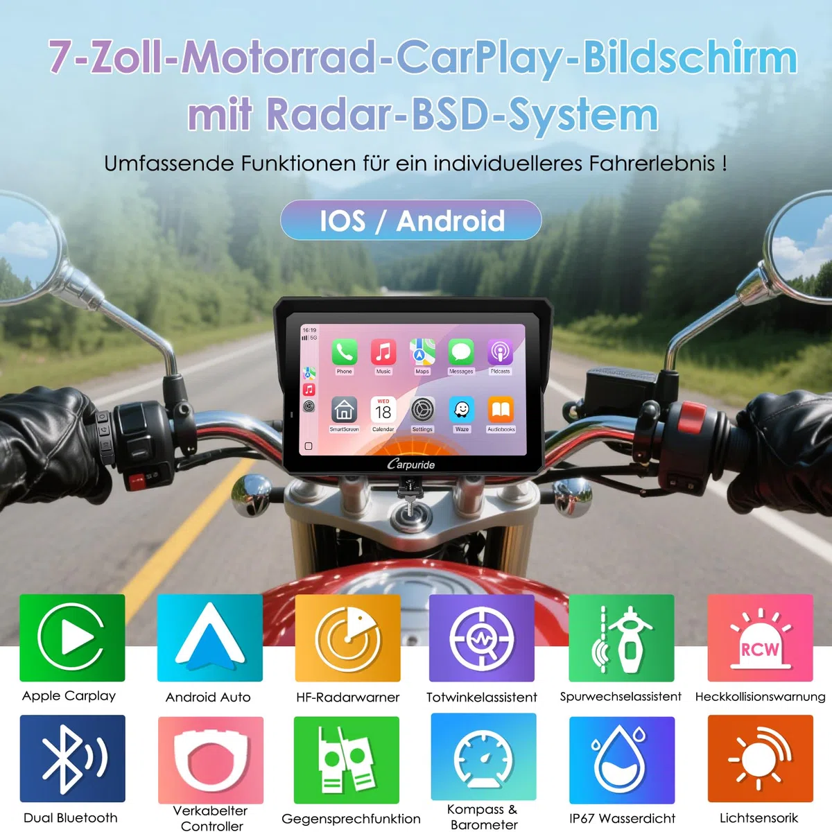 CARPURIDE W702RS Pro Motorrad Carplay Bildschirm mit Radar BSD und BM05 Halterung, Wireless CarPlay & Android Auto, 7 Zoll wasserdichter Touchscreen, Gegensprechfunktion, Dual Bluetooth