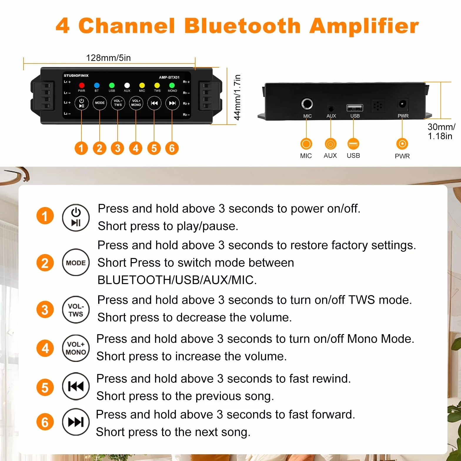 STUDIOFINIX 4 Zoll Bluetooth Deckenlautsprecher mit 4-Kanal-Verstärker, 480W Maximalleistung, 4 Lautsprecher, Klarer Klang für Wohnzimmer, Büro, Küche, Keller & überdachte Terrasse