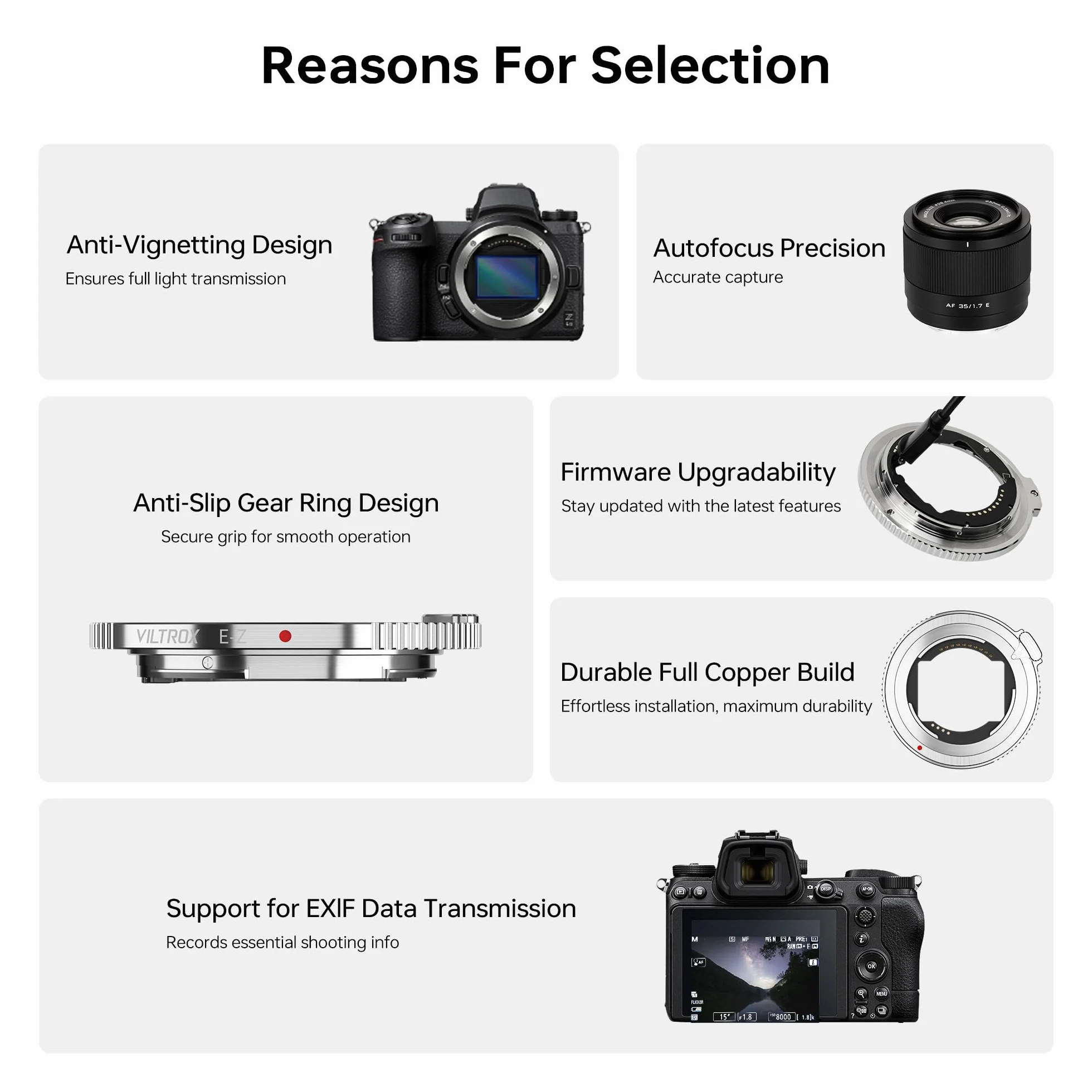 VILTROX E-Z Objektivadapter, ultradünner 4mm Autofokus Ring Mount Adapter, Objektivkonverter, kompatibel mit E-Mount-Objektiven für spiegellose Nikon Z-Mount-Kameras Z5 Z50 Z6 Z6II Z7 Z7II Zfc