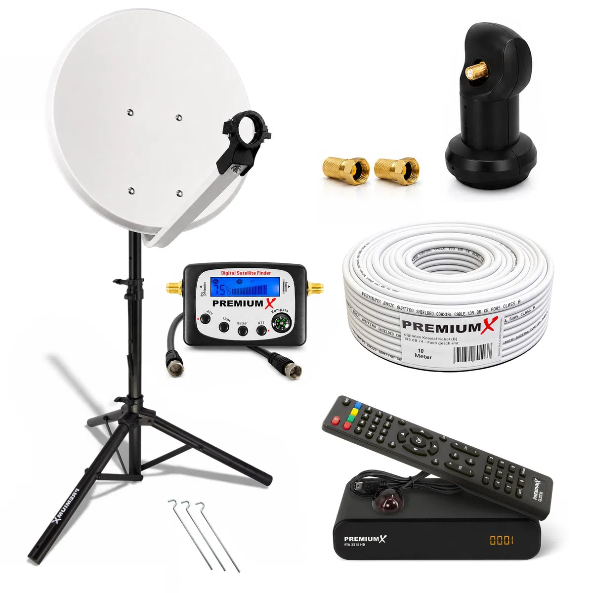 Premium X Camping Komplett HD SAT Anlage 45cm Satelliten-Schüssel Single LNB Kabel Dreibein Stativ TV Receiver Sat-TV-Signalfinder