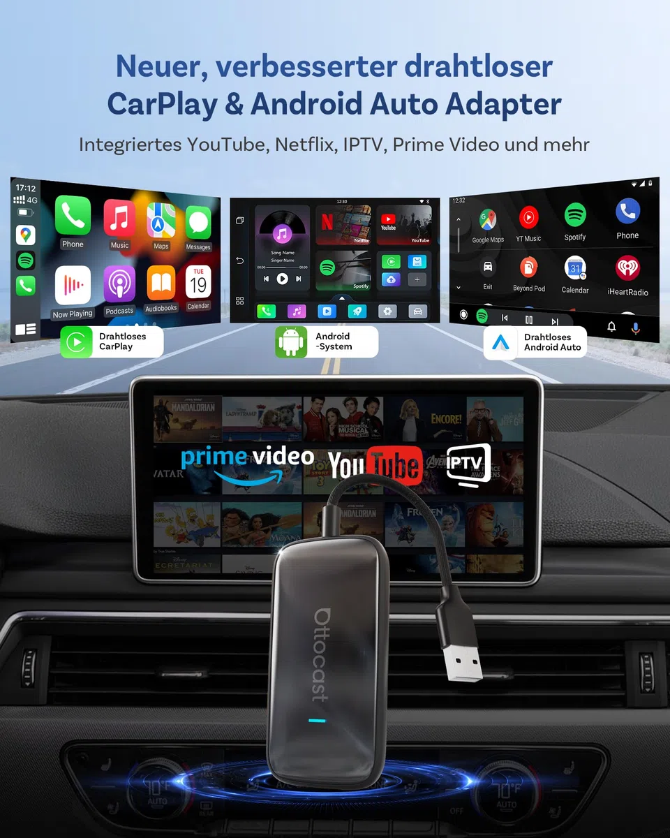 OTTOCAST Play2Video Ultra, Kabelloser CarPlay Adapter & Android Auto AI Box mit Netflix YouTube WiFi 6 5G Bluetooth 5.4 CarPlay Netflix Adapter für die meisten Fahrzeuge ab 2016