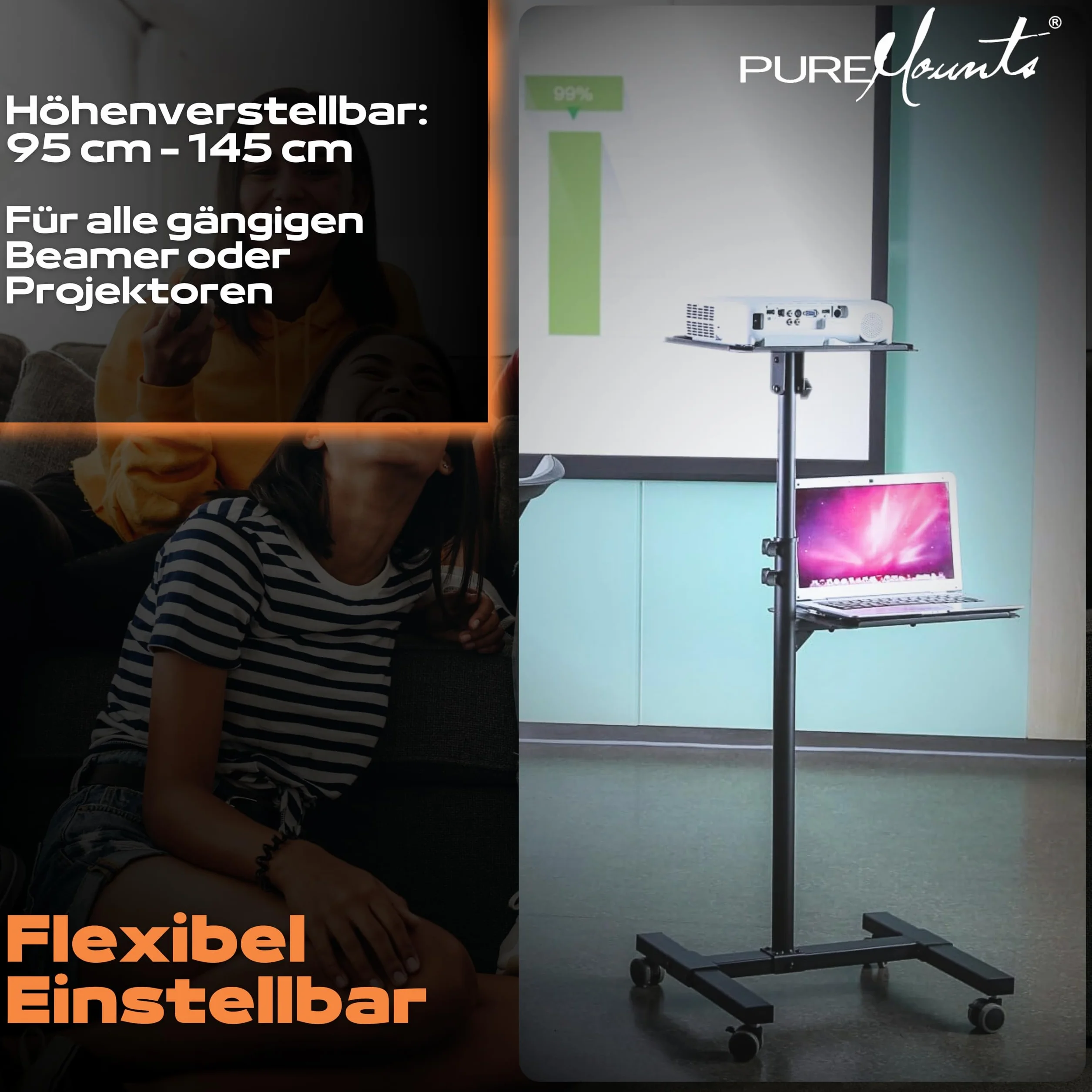 PureMounts PM-PCART-10 - Neigbarer Projektionswagen/Projektionstisch für Beamer und Projektor, flexibel einstellbar (950mm bis 1450mm), feststellbare Rollen, Tragkraft 10kg, Farbe schwarz