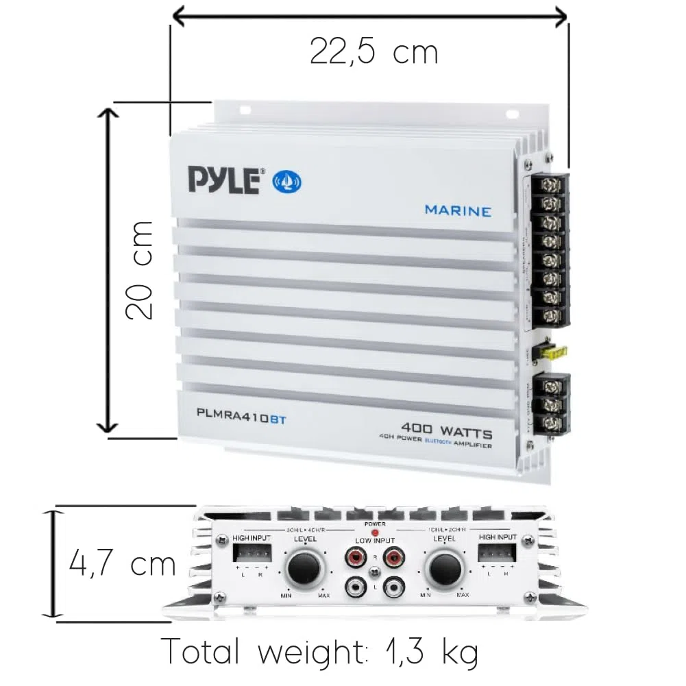 KIT SET FÜR PYLE PLMRA410BT 1 4-Kanal Marine-Verstärker, Klasse AB, 4 x 100 Watt max, wasserdicht, Bluetooth 2.1-Konnektivität, für Schwimmbäder, Boote, Boote, 1 Stück + kostenlose Kabel