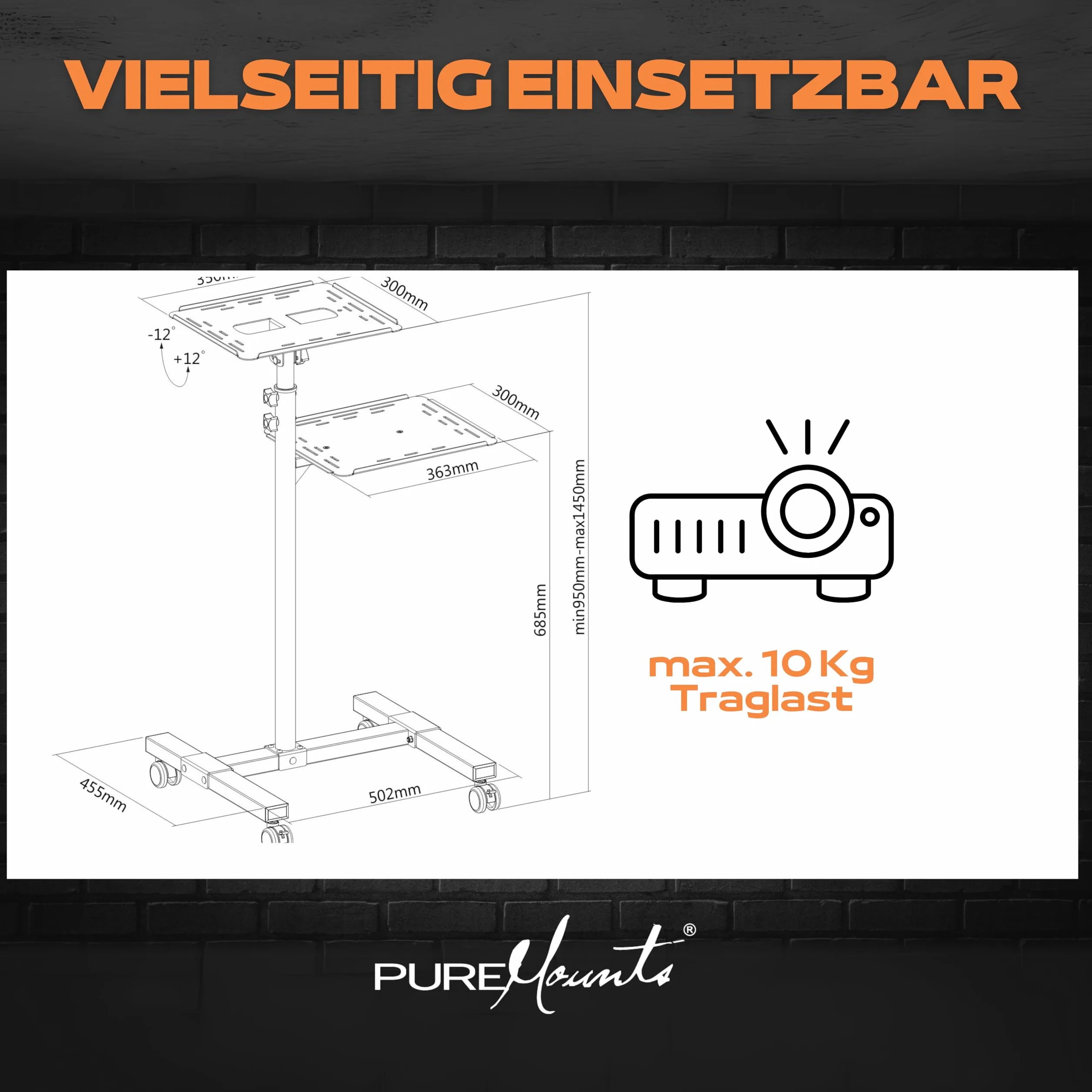 PureMounts PM-PCART-10 - Neigbarer Projektionswagen/Projektionstisch für Beamer und Projektor, flexibel einstellbar (950mm bis 1450mm), feststellbare Rollen, Tragkraft 10kg, Farbe schwarz