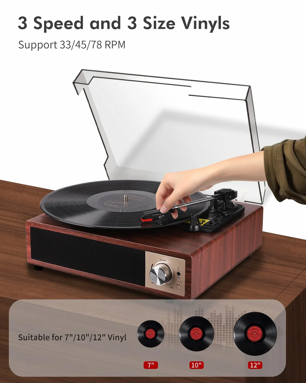 VIFLYKOO Plattenspieler, Schallplattenspieler Bluetooth 5.4 mit 2 Stereo-Lautsprecher, Wireless 3-Gang 33/45/78 u/min, Vinyl Player unterstützt Kopfhöreranschluss/AUX-Eingang/RCA-Ausgang/USB, Mahagoni