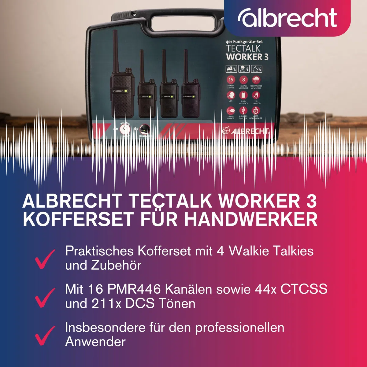Albrecht Tectalk Worker 3 Koffer-Set, 4 Walkie-Talkies & Zubehör, PMR446-Funkgeräte mit VOX, robust für Baustelle, Security, Betrieb & Outdoor
