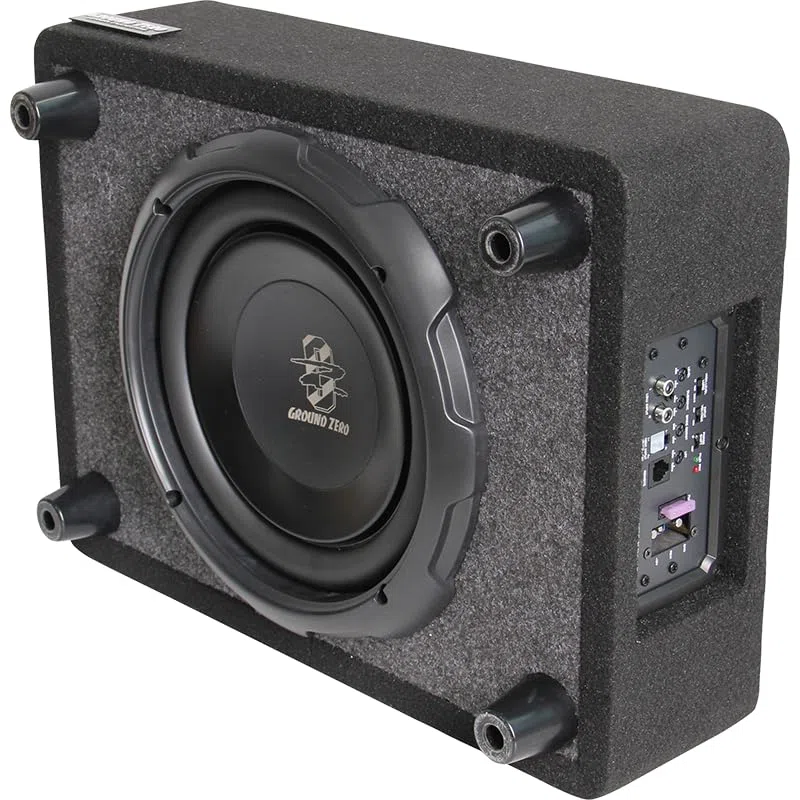 Ground Zero GZCS 25SUB-ACT Aktiv-Gehäusesubwoofer, 25 cm, 320/430 Watt, 50-150 Hz, 9-16 Volt, Downfire, Holz