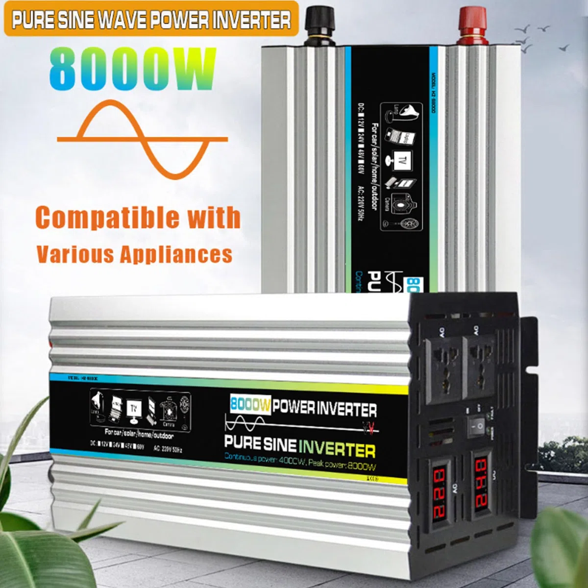 4000W Auto-Wechselrichter mit Zwei digitalen Display tragbarer Konverter 12 V 24 V 48 V 60 V auf 220 V Solar-Wechselrichter geeignet für Urlaub, Camping und Geschäftsreise