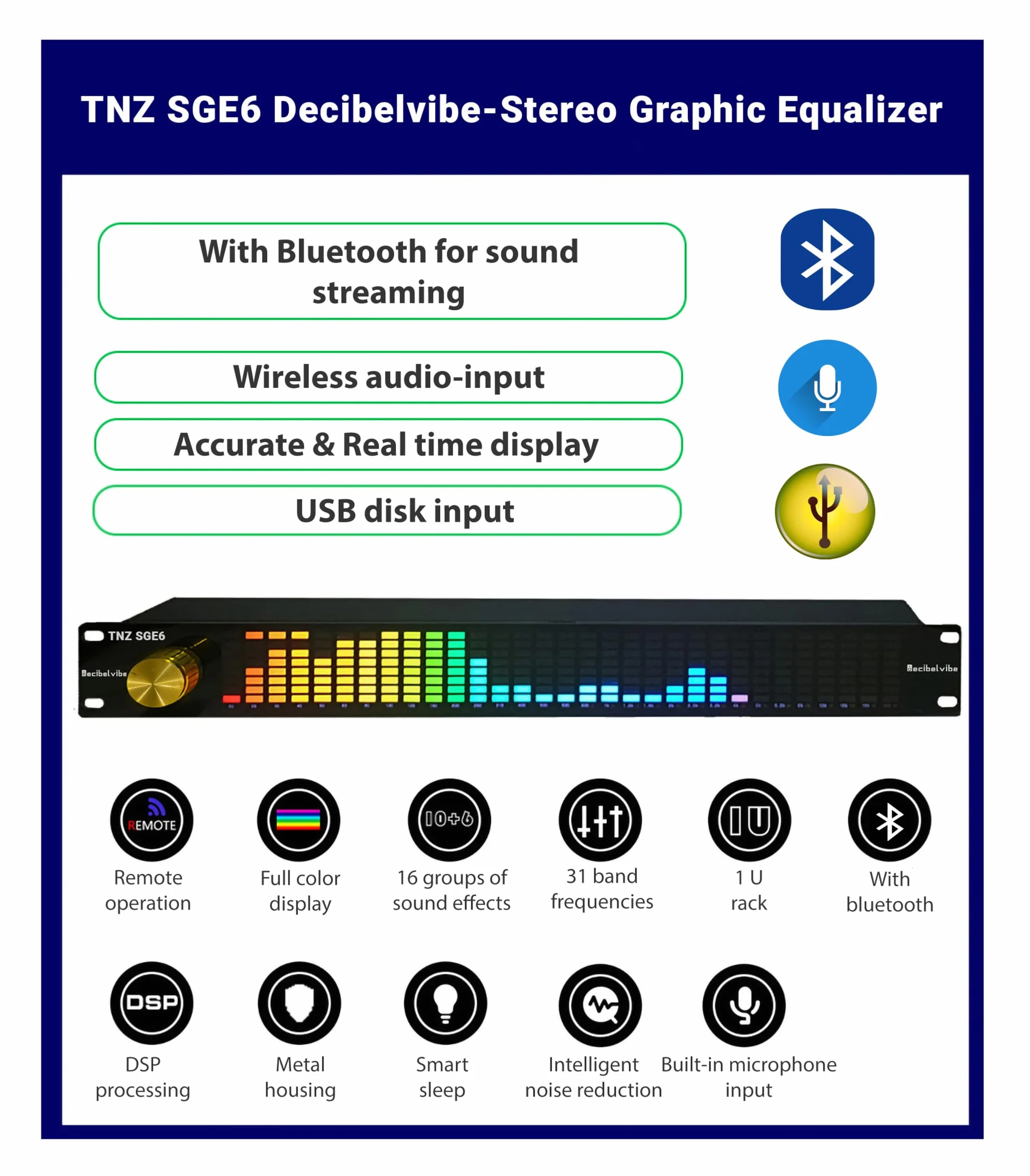 Decibelvibe TNZ SGE6 – Audio-Grafik-Equalizer mit Eingang / Ausgang RCA-Klinke 3,5, kabelloser Eingang über ein integriertes Mikrofon, USB- und Bluetooth-Eingang, Audio-Vorverstärker für