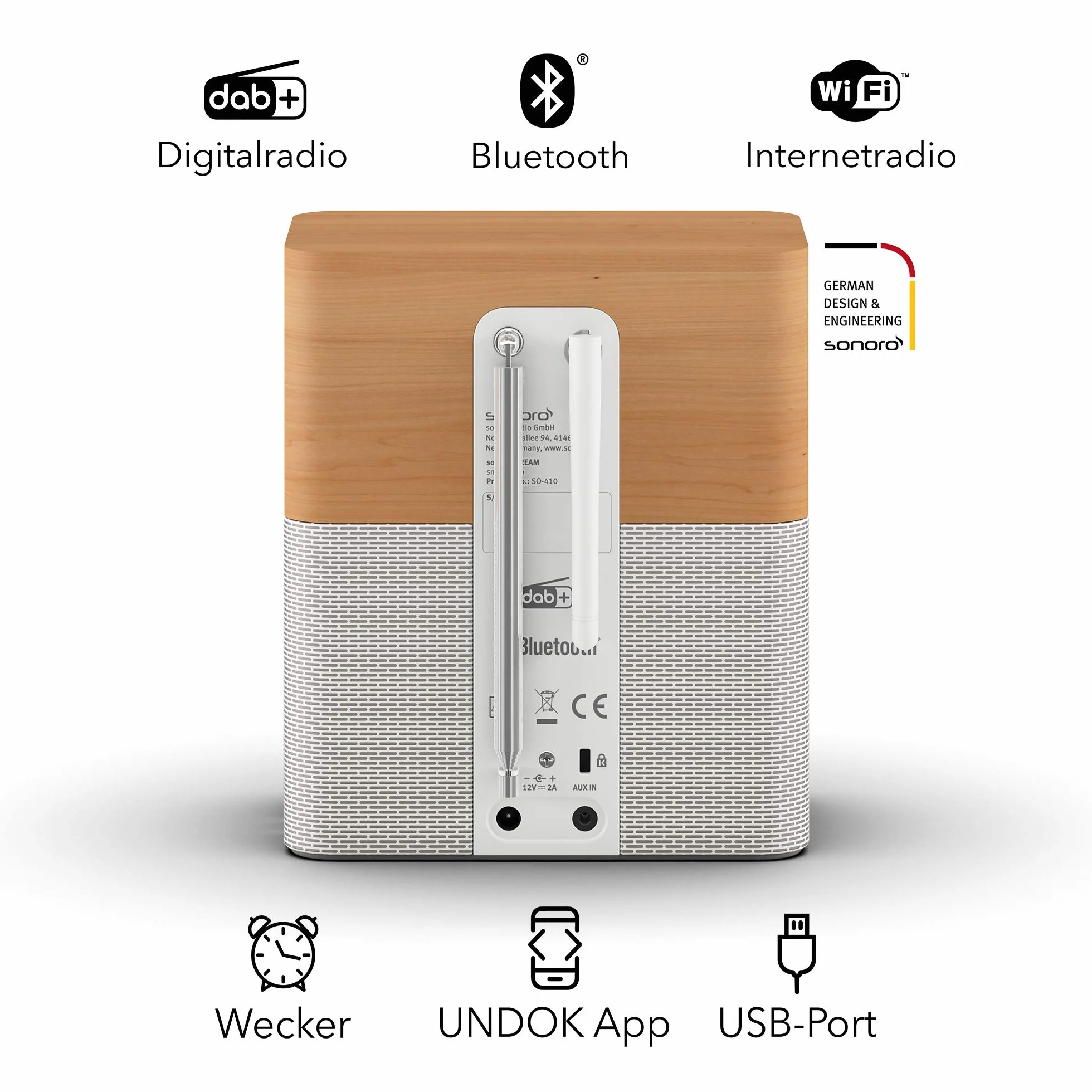sonoro Stream Internetradio mit Bluetooth & DAB Plus (UKW/FM, WLAN, MP3, Spotify, Amazon, Deezer, spritzwassergeschützt) Design Küchenradio Ahorn/Weiß