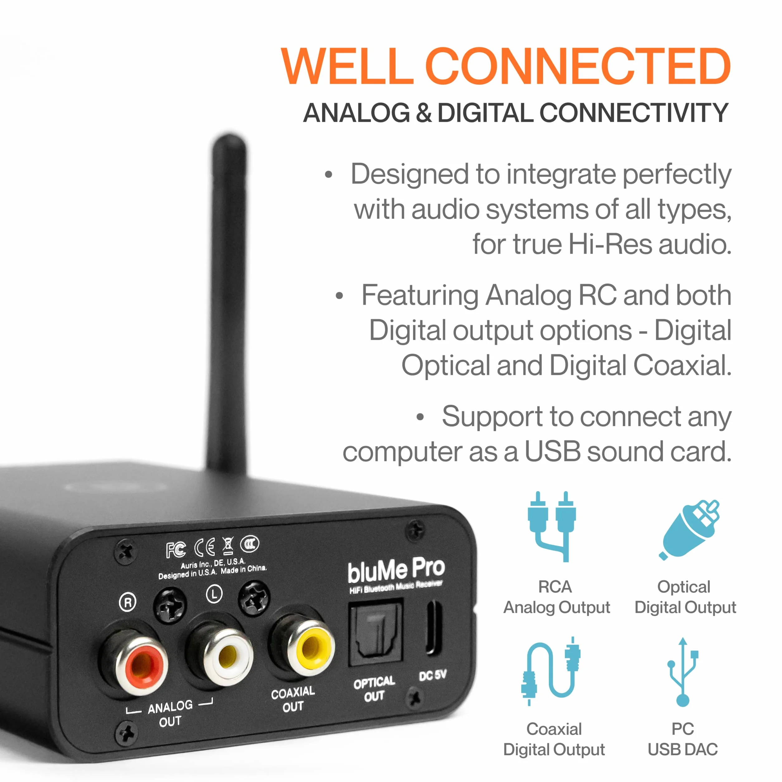 Auris Blume Pro Hi-Fi Bluetooth 5.3 Musik-Receiver - Bluetooth-Adapter mit Audiophilem DAC, LDAC, AptX HD, OLED-Display, Optischem Koaxialem AUX-Ausgang für Home Stereo, AV-Receiver oder Verstärker