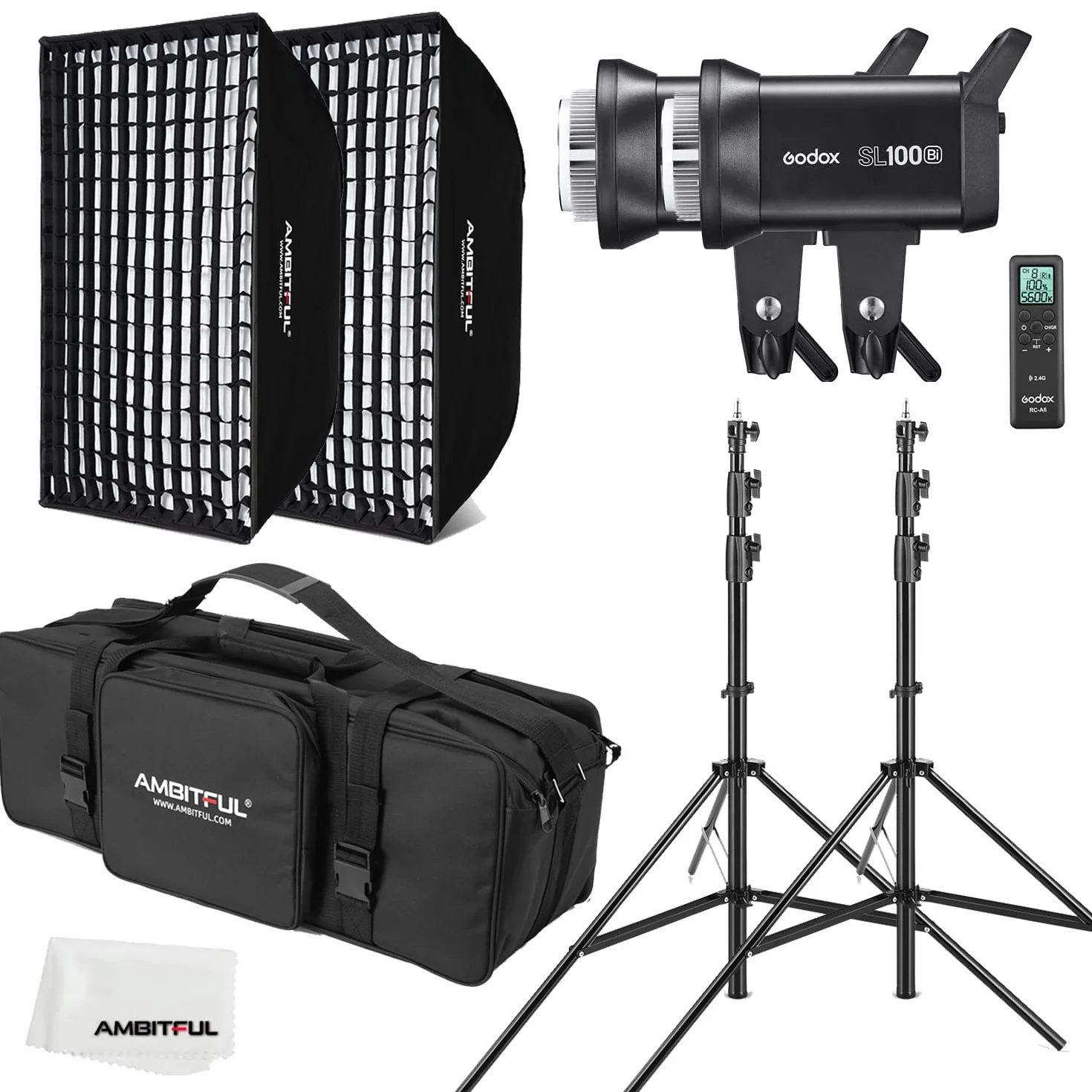 GODOX SL100Bi 2X 100W Duale Farbtemperatur LED-Videoleuchte + AMBITFUL 60 x 90 cm Softbox,280 cm Lichtstativ, Wabengitter, Mit Fernbedienung Geeignet für Filmstudios, Fotostudios