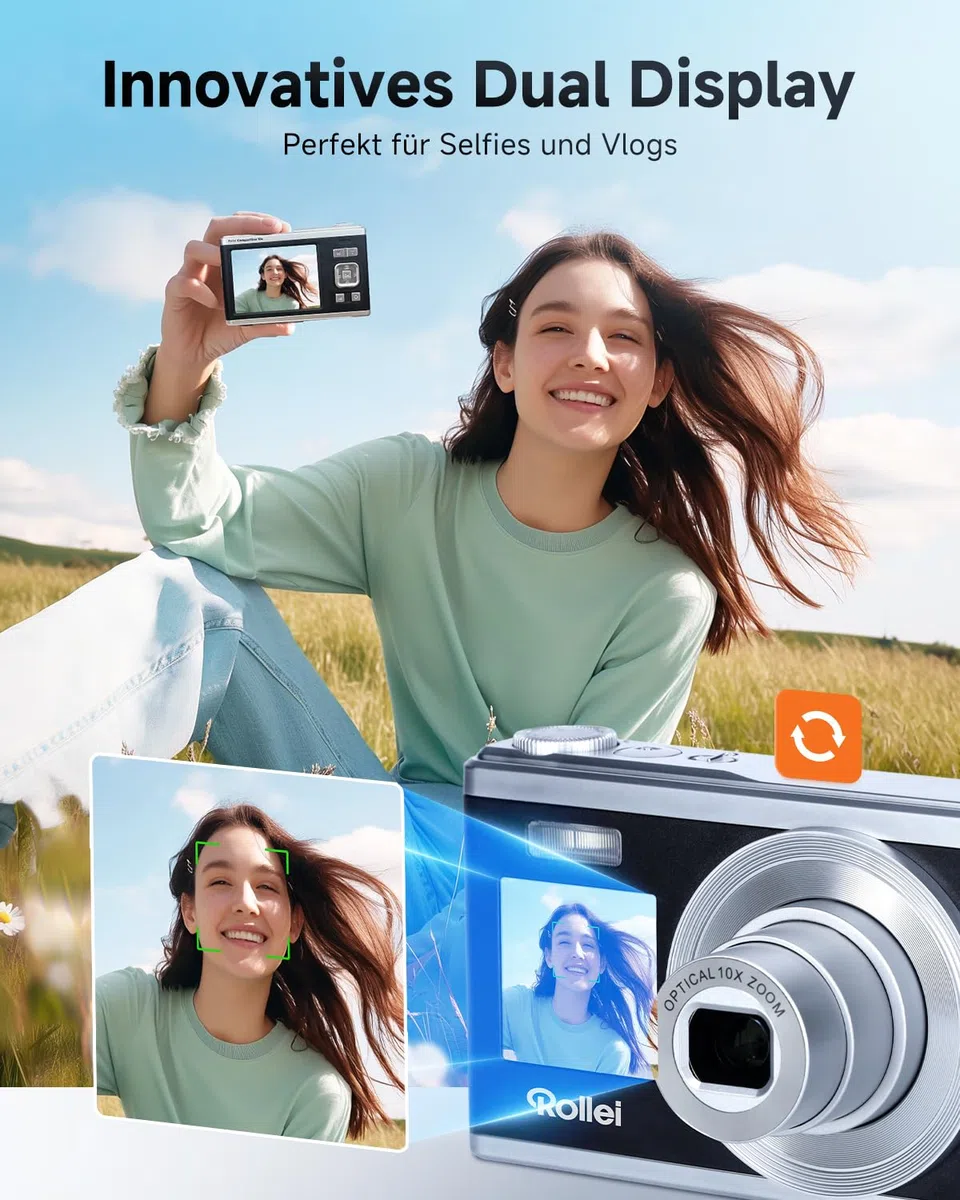 Rollei Compactline 10X Digitalkamera, 20MP FHD Kompaktkamera 10X Optischer Zoom & Selfie Display Tragbar Fotoapparat für Vlog unterwegs Reise Schwarz Silber, Digital-Kamera-Kompaktkamera-Fotoapparat