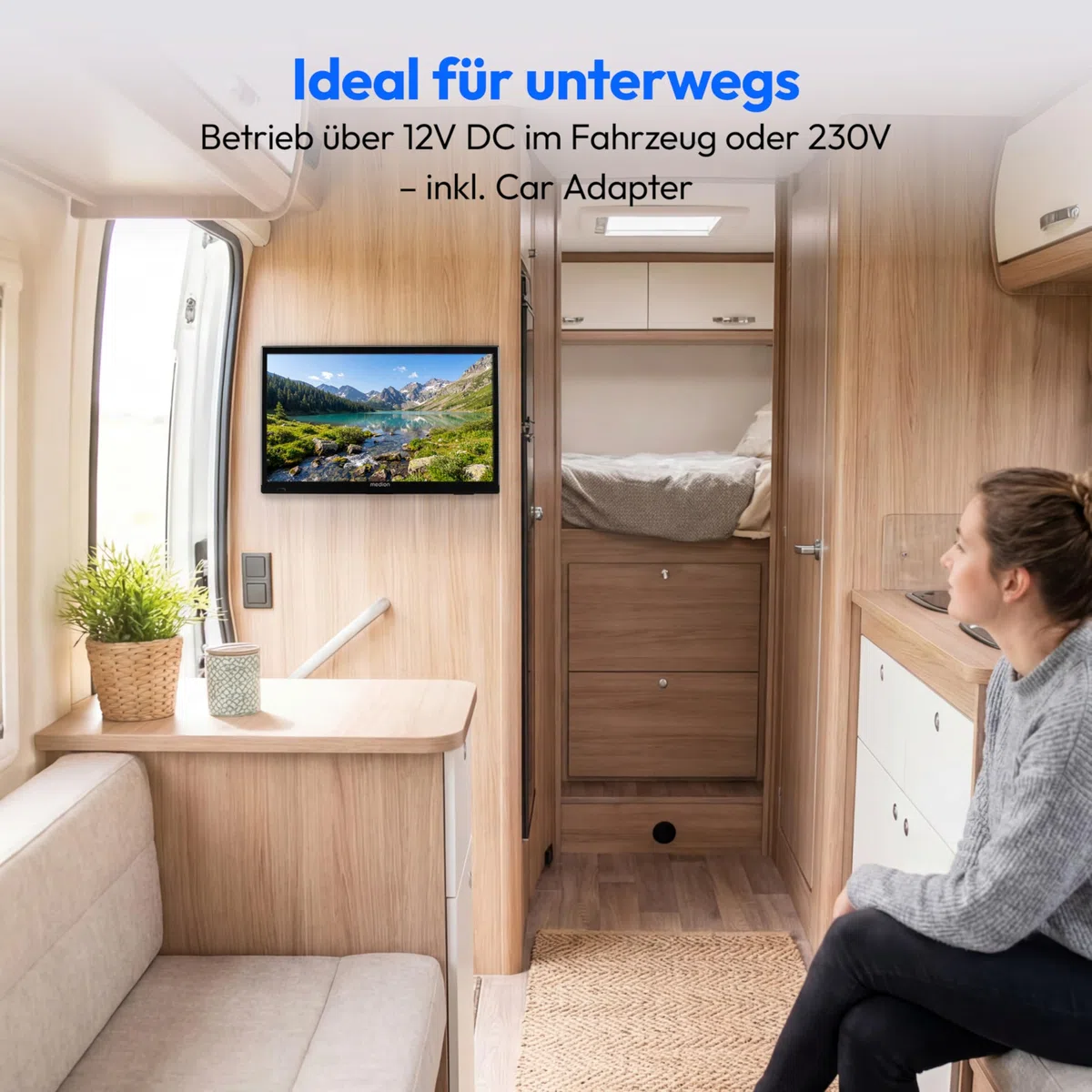 MEDION 47 cm (19 Zoll) HD Fernseher (perfekt für Camping Wohnmobil LKW Garten, inkl 12V KFZ Car-Adapter, Triple Tuner Receiver, HDMI, USB, MD 819000)