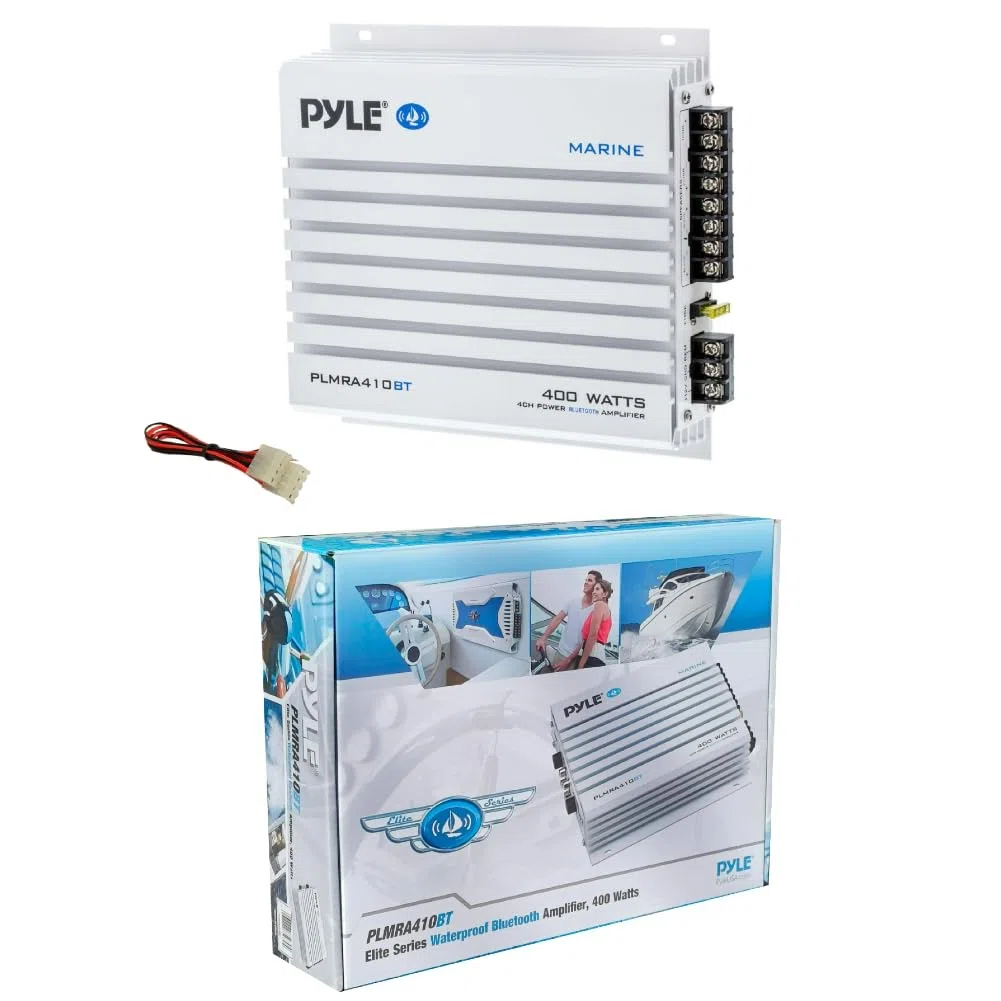 KIT SET FÜR PYLE PLMRA410BT 1 4-Kanal Marine-Verstärker, Klasse AB, 4 x 100 Watt max, wasserdicht, Bluetooth 2.1-Konnektivität, für Schwimmbäder, Boote, Boote, 1 Stück + kostenlose Kabel